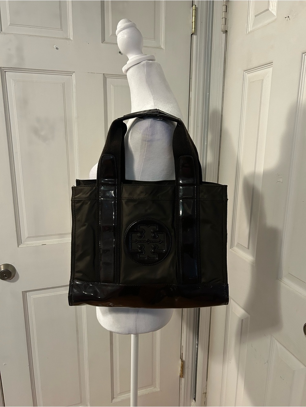 Tory Burch Ella Nylon & Patent Leather Tote Bag in Espresso Brown